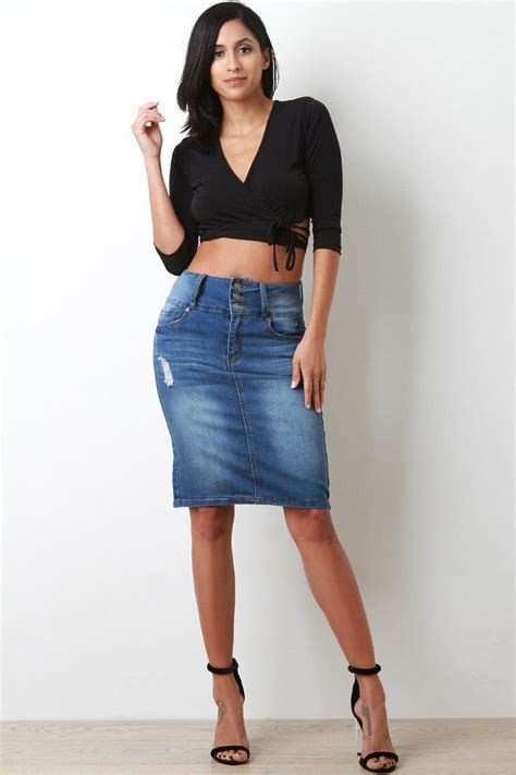 long denim pencil skirt|distressed denim pencil skirt.